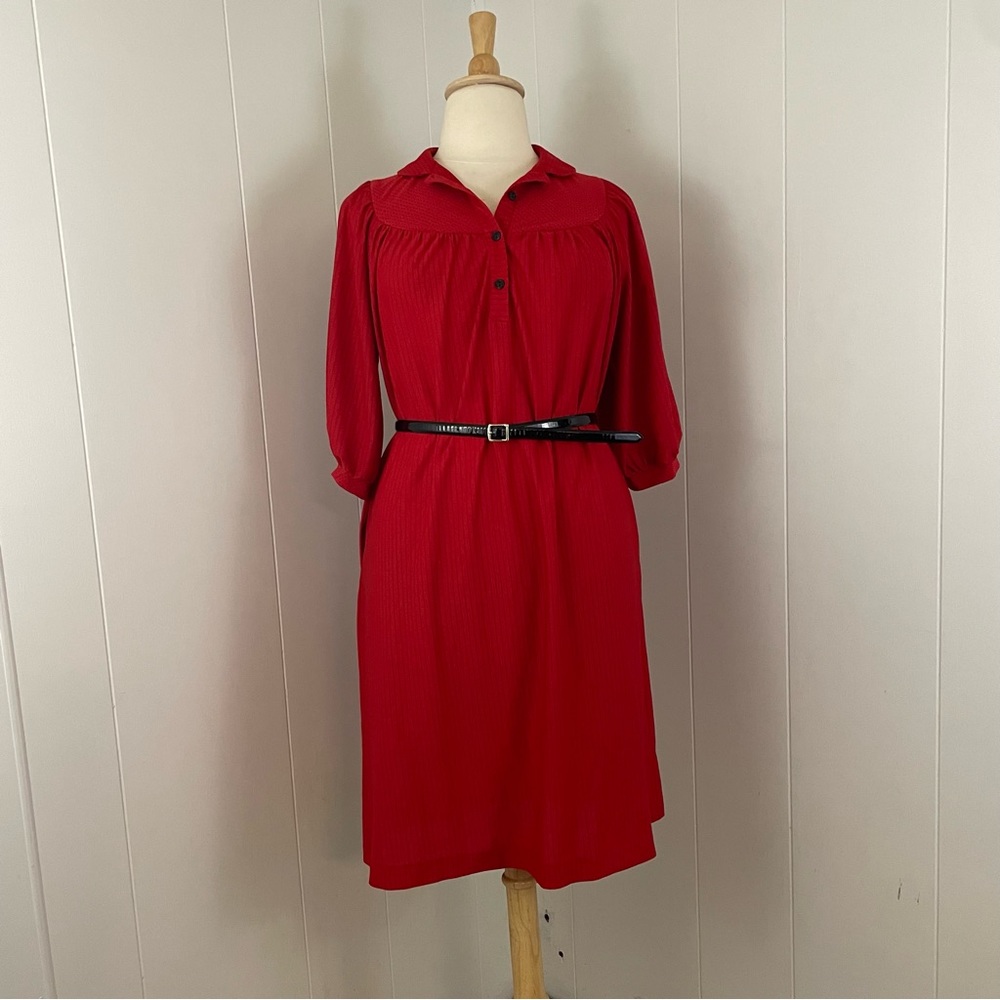 Vintage Midi Dress Women’s XL Stripe Polka Dot Henley Short Sleeve Shift Pockets - Picture 9 of 9